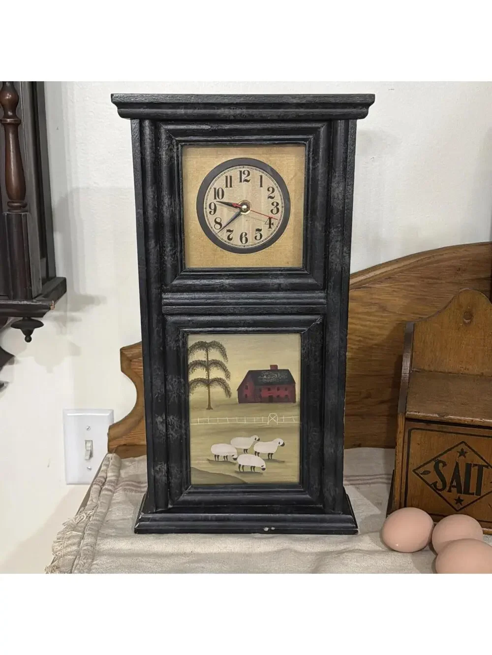 VTG Wood Tower Mantel Wall Clock Folk art Farm Barn Sheep Primitive Country